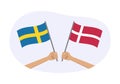 Sweden and Denmark flags. Danish and Swedish national symbols. Hand holding waving flag. Vector Royalty Free Stock Photo